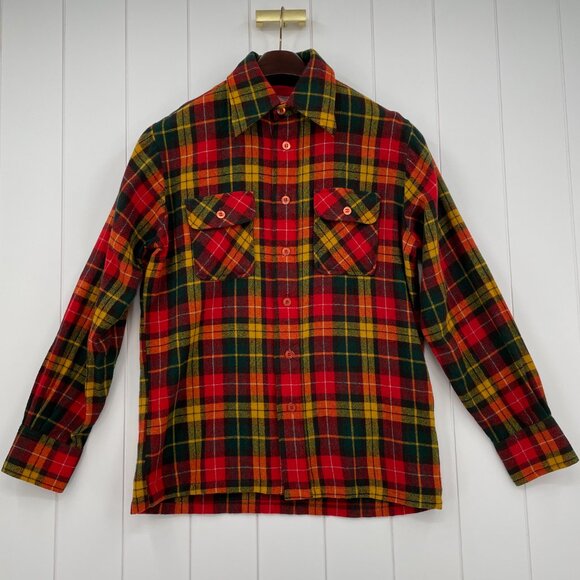 Vintage 70s Kohls Holiday Xmas Wool Plaid Button Down Shirt Dagger Collar | L/XL - Picture 3 of 16